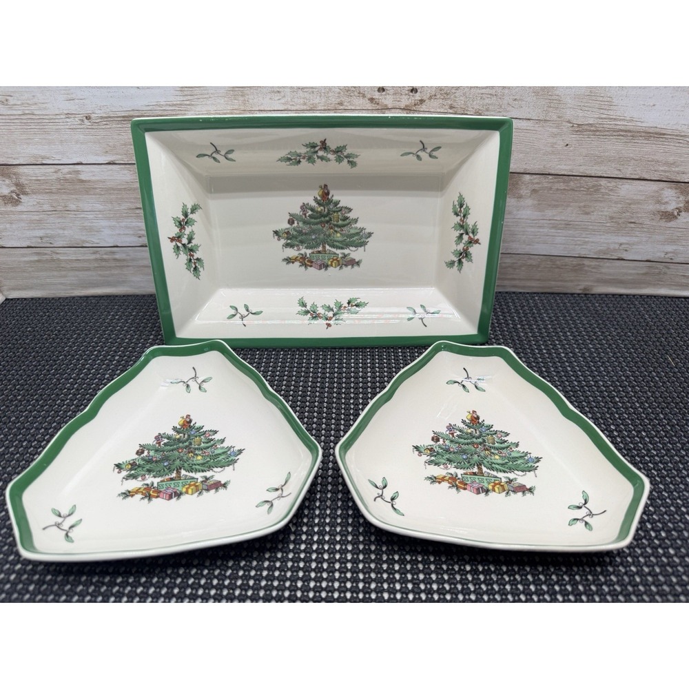 3 Pc Vintage Spode Christmas Tree Serving Set Made in England 80s-90s Rectangle